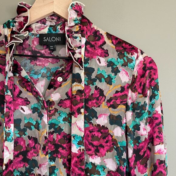 SALONI Emile Floral‎ Print Button Front Silk Top In Blossom Cloudy Rose Size 0 - Picture 8 of 16